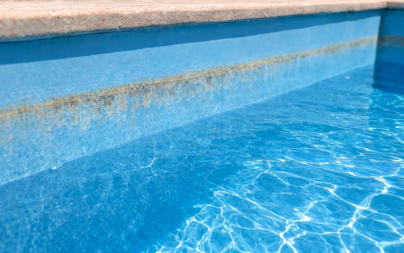 línea de agua de piscina con desgaste en el revestimiento