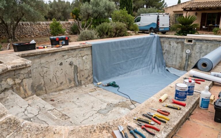 piscina antigua con revestimiento flexible moderno