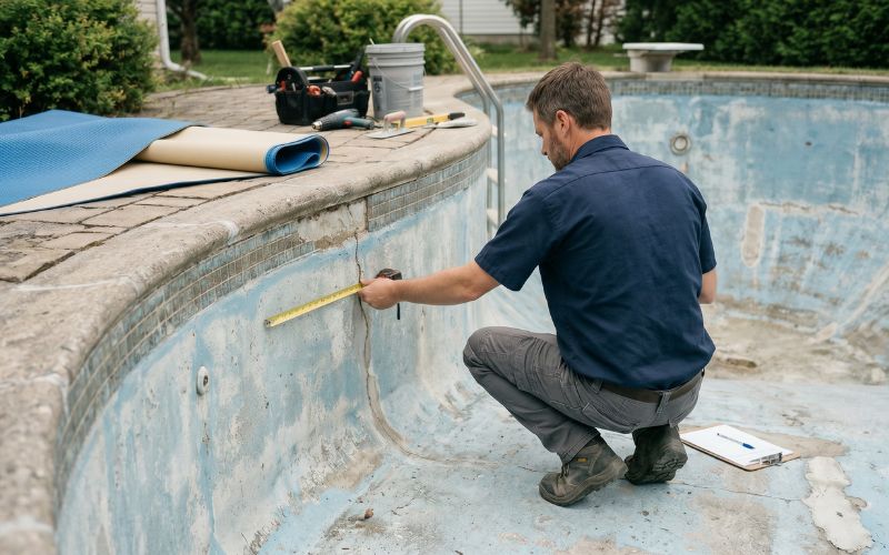 inspección de piscina antes de instalar lámina armada