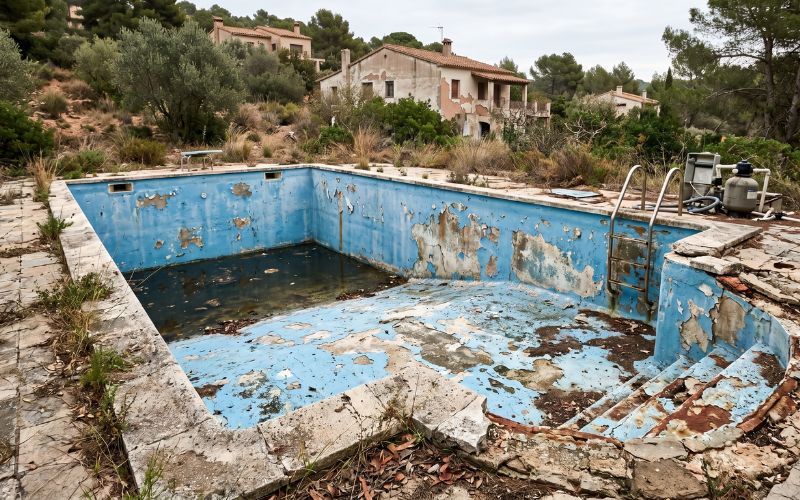 piscina antigua con pintura deteriorada y desconchada
