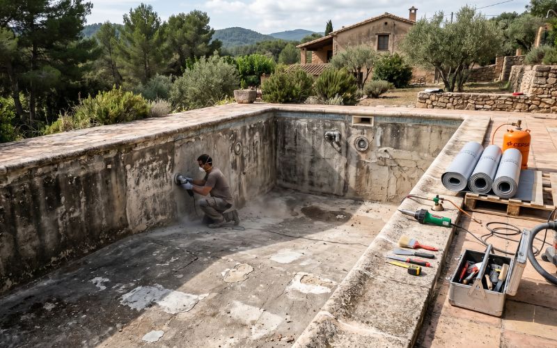 piscina antigua de obra preparada para rehabilitación
