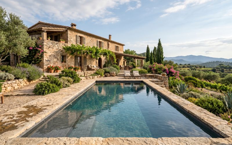 piscina con lámina armada en vivienda de estilo rústico
