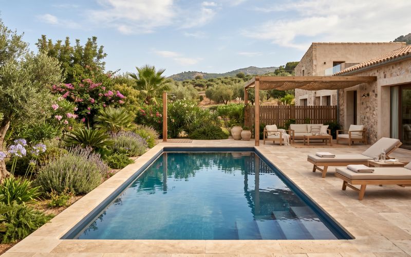 piscina con lámina armada integrada en jardín y terraza
