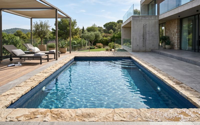 piscina con lámina armada y coronas de piedra