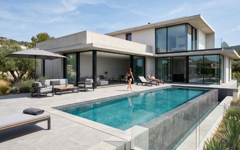 piscina moderna con lámina armada integrada en vivienda contemporánea