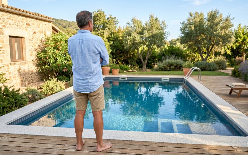 propietario disfrutando de piscina con lámina armada