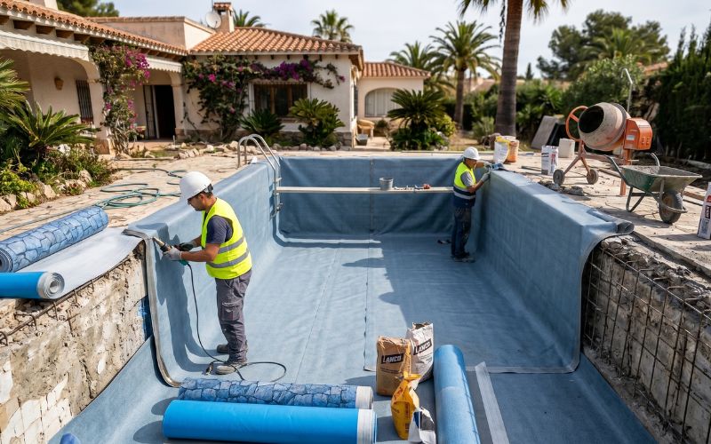 rehabilitación de piscina antigua con nuevo revestimiento impermeable