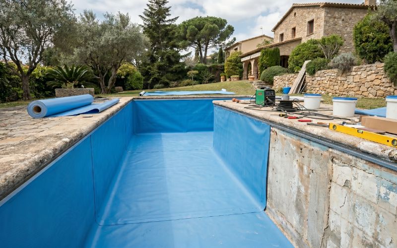 rehabilitación de piscina antigua con revestimiento flexible